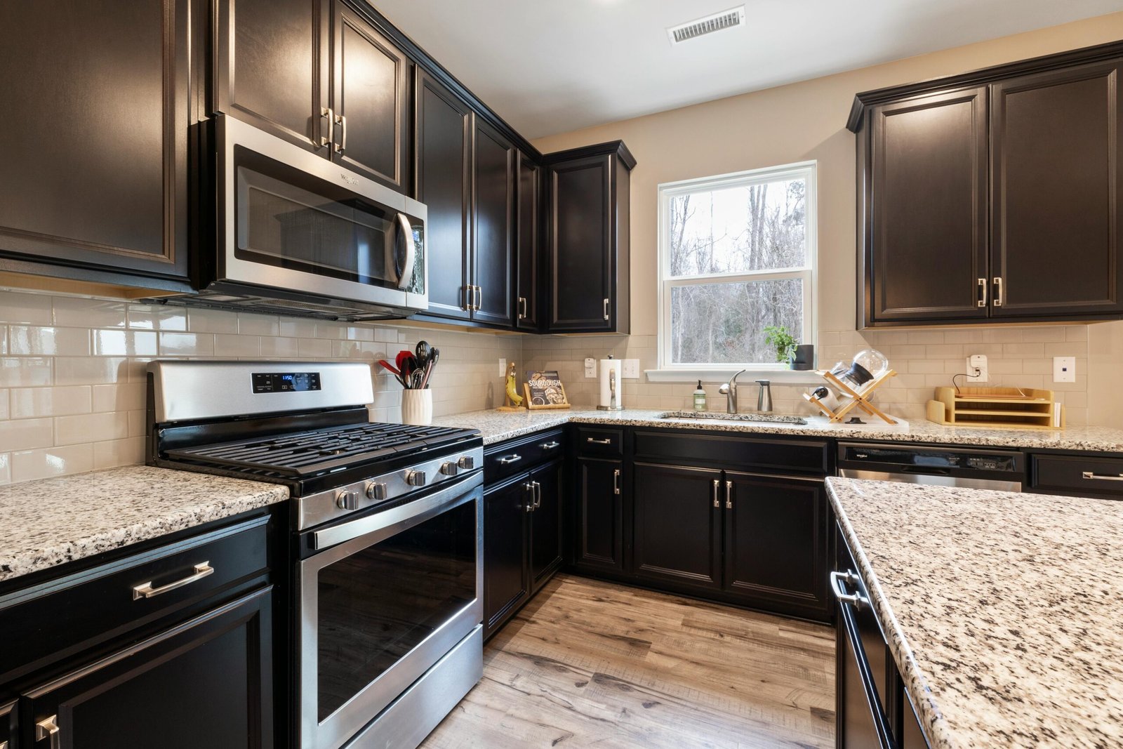 Sleek kitchen with black cabinets, stainless steel appliances, and granite countertops under natural light.